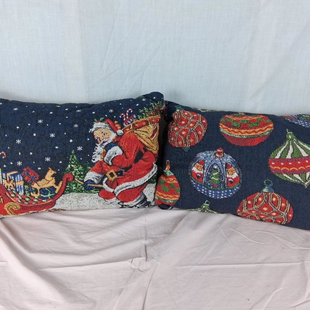 2 Tapestry Christmas Double Sided Reversible Throw Pillows Santa Ornaments Sofa